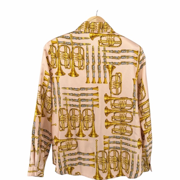 Vtg Louis Feraud Cream Gold Musical Pattern Button Up 100% Silk Blouse Women 10 - Picture 3 of 13